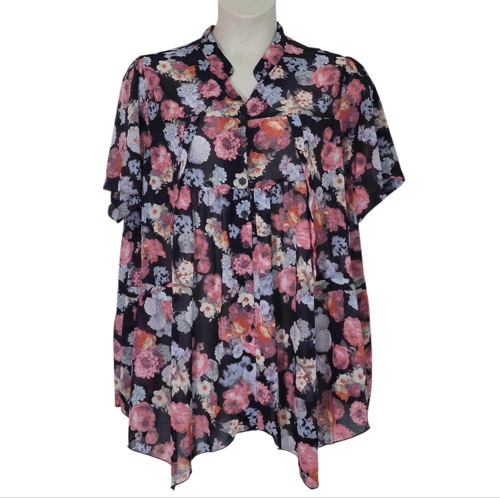 Denim 24/7 Pleated Floral Blouse Plus Size 20w